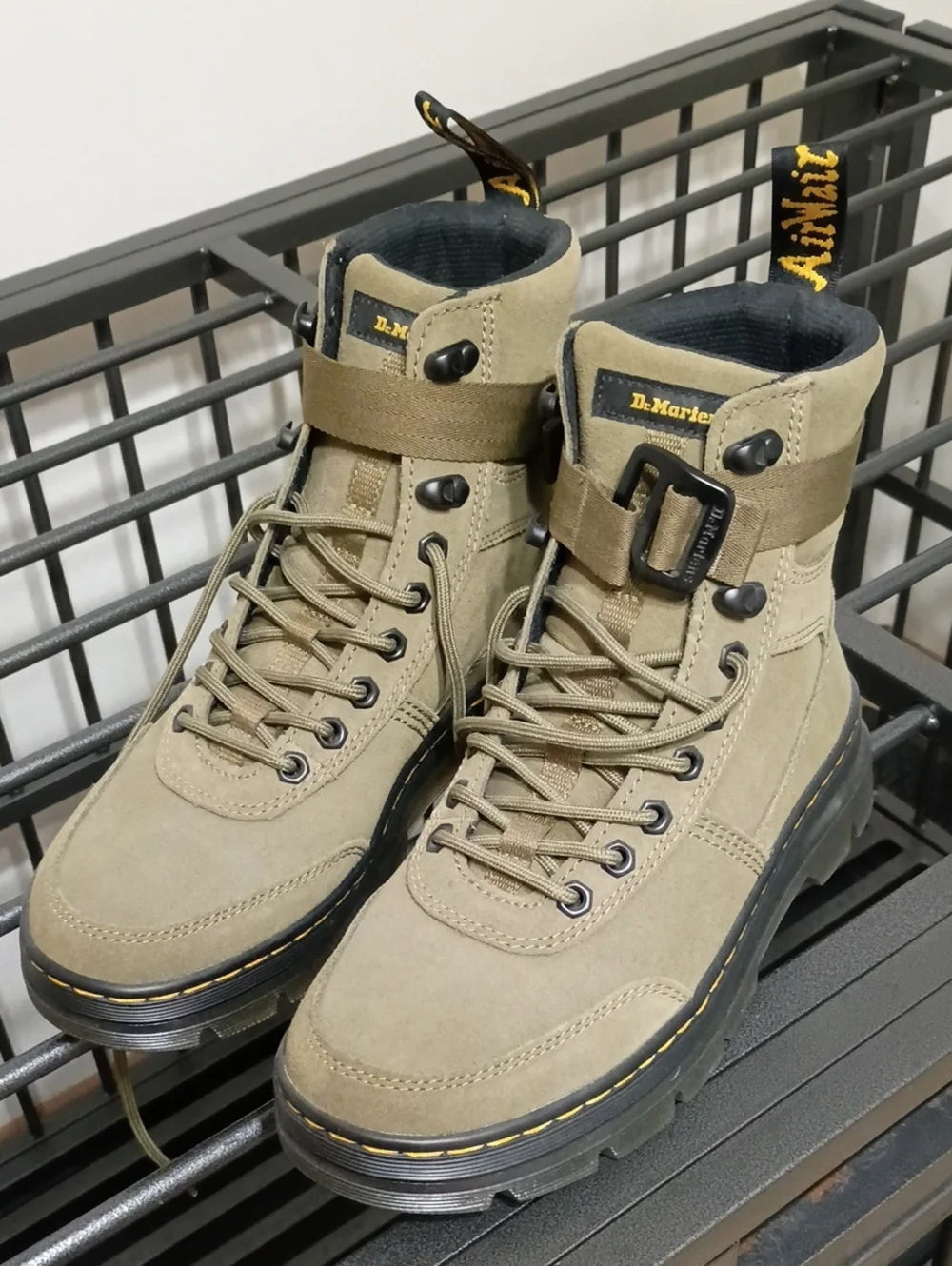 Dr. Martens Men's Army Green Lace-Up Combat Boots with Ankle Strap